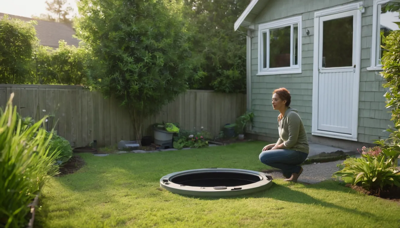 A provider checking a septic tank lid in a yard in the Pasadena area