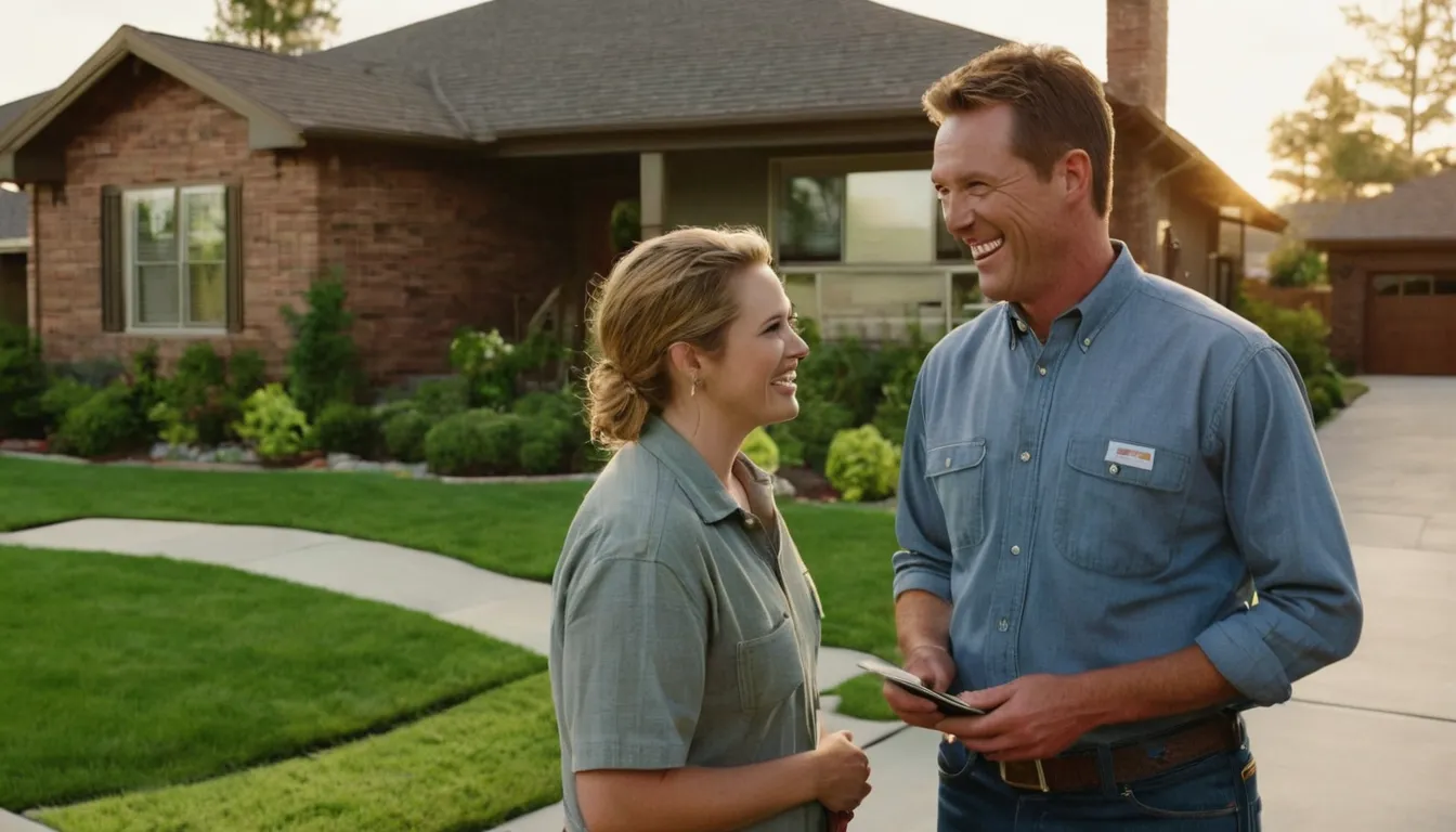 A friendly provider talking with a homeowner in front of a ranch-style house in Pasadena